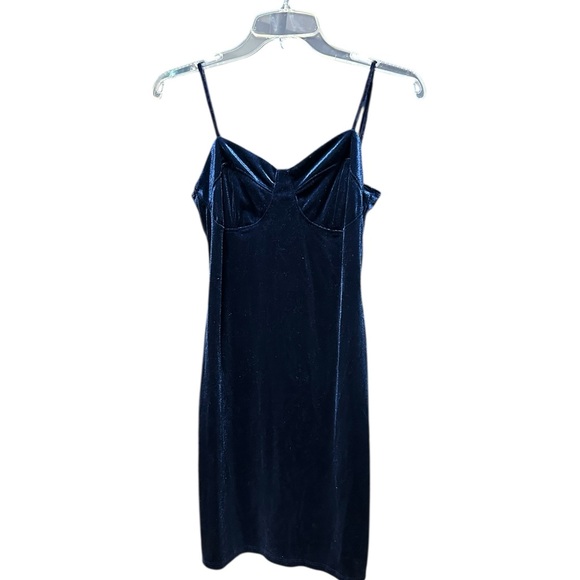 Ambiance Navy Blue Velvet Bodycon Dress | Spaghetti Strap Date Night Dress - Picture 7 of 9